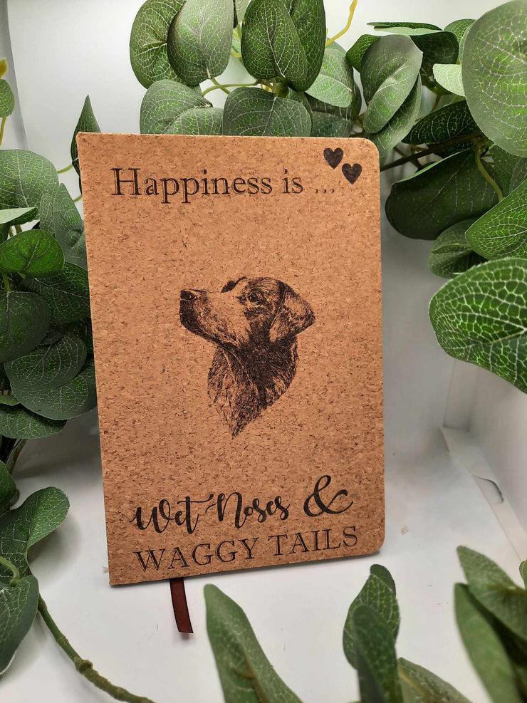"Happiness is..." A5 Cork lined notebook - perfect for the dog lover by Jane