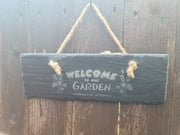 'Welcome to my garden' laser engraved slate sign plaque, perfect gate or garden decoration sign, eco-friendly